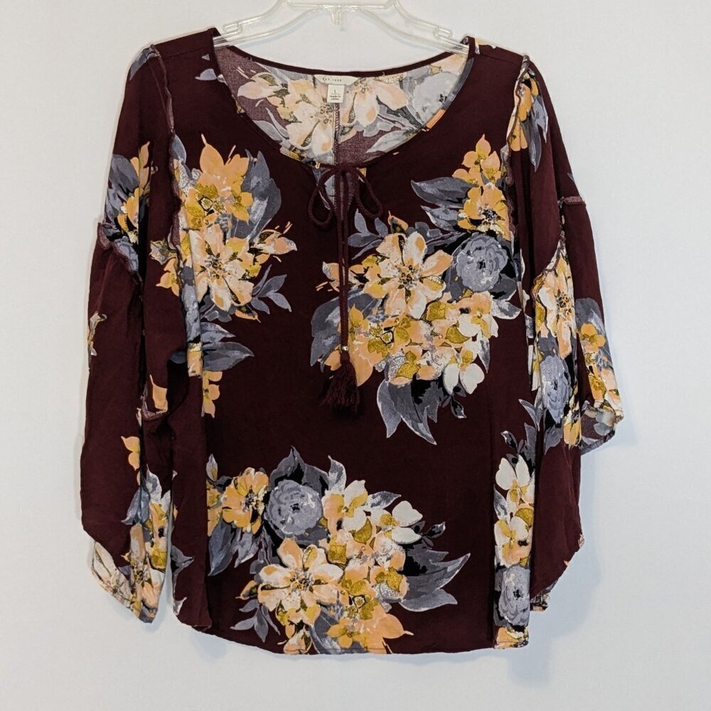Cato Est 1946 Burgundy Floral Relaxed Fit Peasant Boho Top; Size L